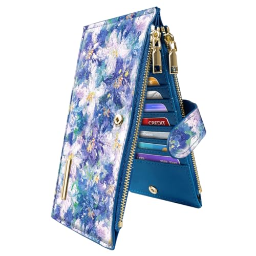 Coco Rossi Womens RFID Blocking Large Capacity Wallet Multi Card Organizer Bifold Wallet for Women with Zipper Pocket, Blue Flowers - Image 1