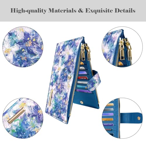 Coco Rossi Womens RFID Blocking Large Capacity Wallet Multi Card Organizer Bifold Wallet for Women with Zipper Pocket, Blue Flowers - Image 4