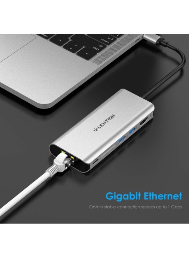 لينشن موزع USB-C من LENTION مع منفذ HDMI بدقة 4K، وقارئ بطاقات SD، ومنفذي USB 3.0، وشحن من النوع C، ومتوافق مع MacBook Pro، وMac Air/Surface الجديد، والمزيد (CB-C68، فضي) - Image 2