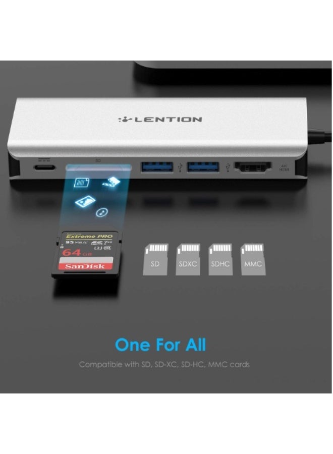 لينشن موزع USB-C من LENTION مع منفذ HDMI بدقة 4K، وقارئ بطاقات SD، ومنفذي USB 3.0، وشحن من النوع C، ومتوافق مع MacBook Pro، وMac Air/Surface الجديد، والمزيد (CB-C68، فضي) - Image 3