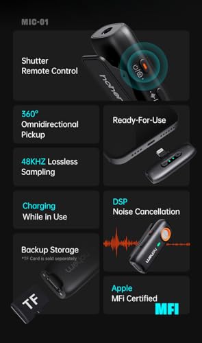 hohem MIC01 Wireless Lavalier Lapel Microphone for iPhone iOS with Noise CancellationMFi CertifiedRemote ControBuiltin Storage20H Battery Life Wireless Microphone for Live Stream 2TX1RX - Image 3