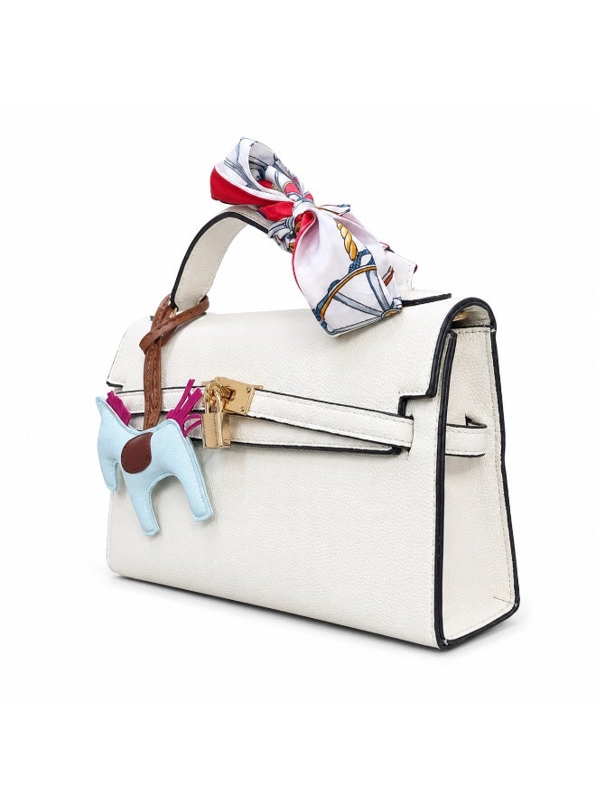 Women’s Structured Handbag with Top Handle and Long Shoulder Strap, Front Lock Closure and Decorative Hanging Charms - Image 4