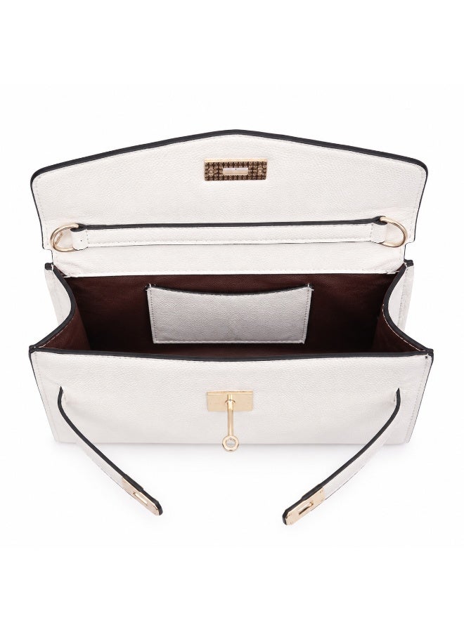 Women’s Structured Handbag with Top Handle and Long Shoulder Strap, Front Lock Closure and Decorative Hanging Charms - Image 5