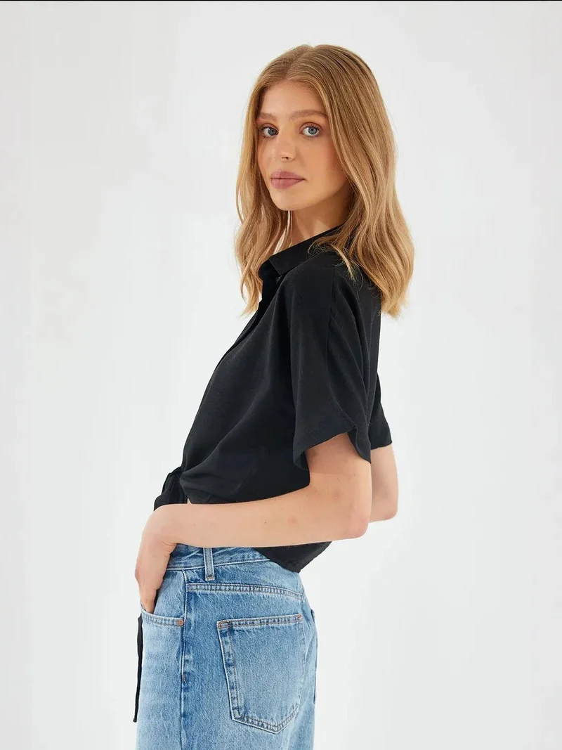 MixRay Black Mixray V-Neck Tie Closure Slim Fit Crop Shirt for Women | Best Price UAE
