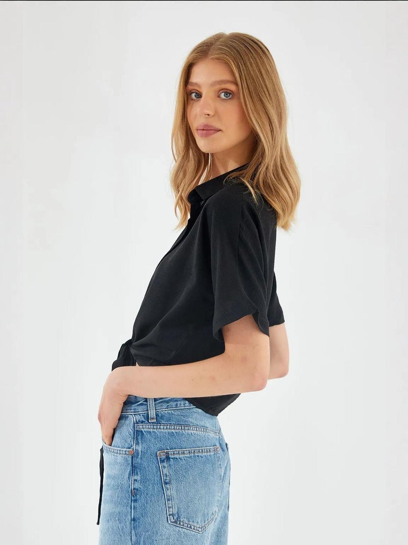Mixray V-Neck Tie Closure Slim Fit Crop Shirt - Image 5