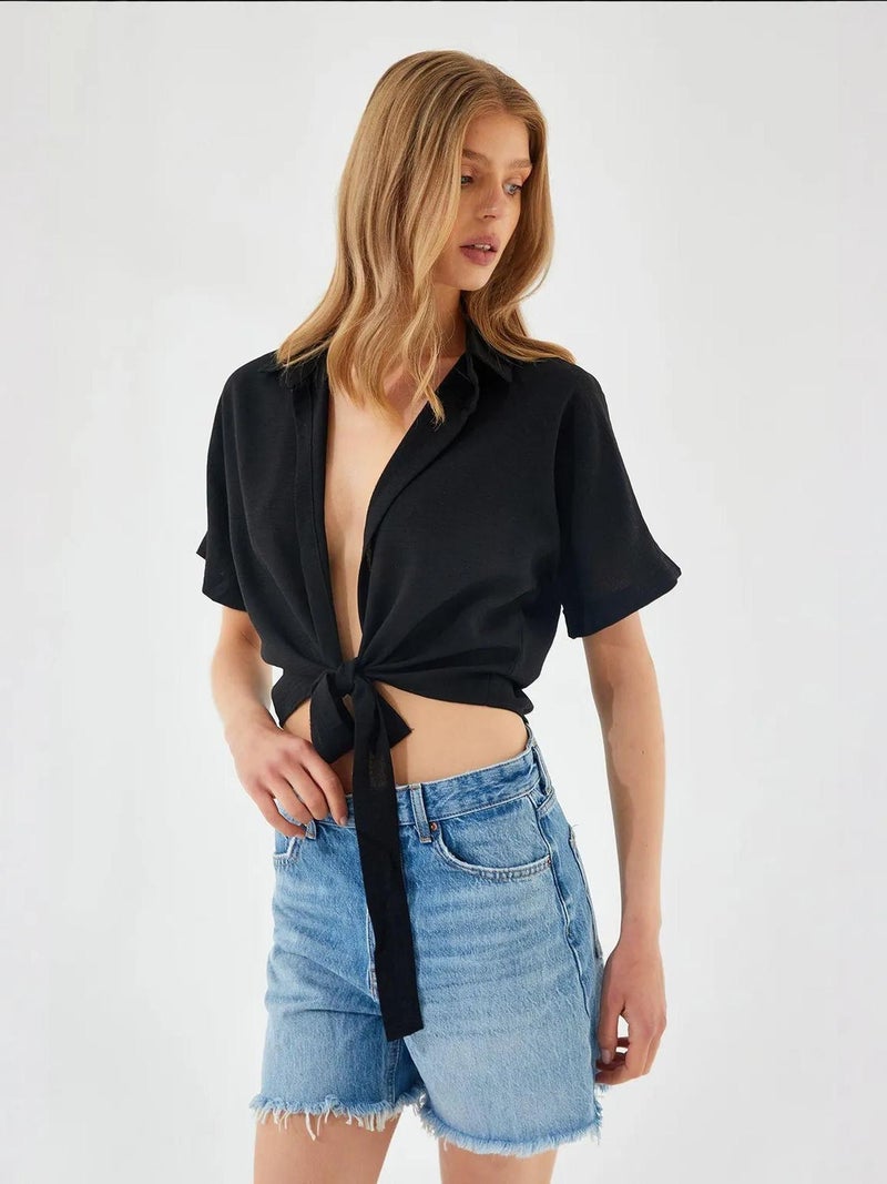 Mixray V-Neck Tie Closure Slim Fit Crop Shirt - Image 2