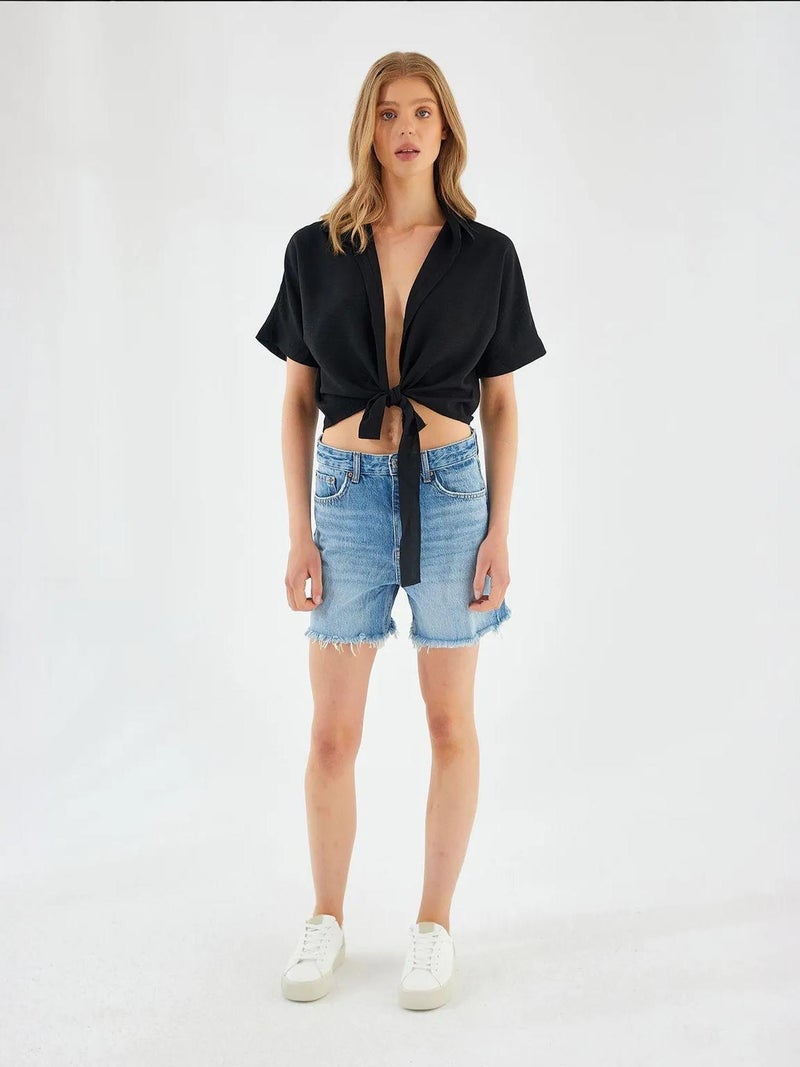 Mixray V-Neck Tie Closure Slim Fit Crop Shirt - Image 3