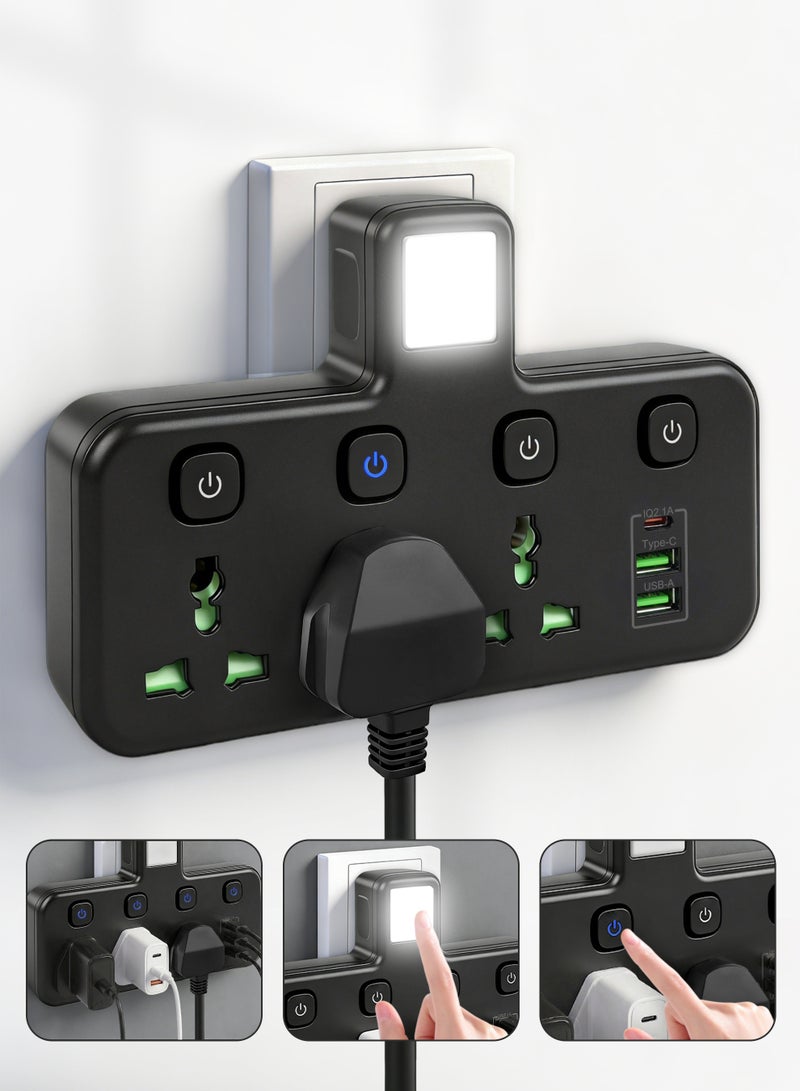 نكومي محول مقبس تمديد متعدد المكونات مع ضوء ليلي ، محول طاقة تمديد عالمي مع 2 USB-A و 1 USB-C (منافذ شاحن سريع) ، مقبس شحن حائط موسع محول 3 طرق - Image 1