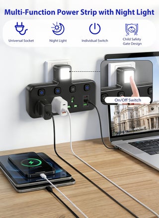 Multi Plug Extension Socket Adapter with Night Light, Universal Extension Power Adapter With 2 USB-A & 1 USB-C(Fast Charger Ports),Extender Wall Charge Socket 3 Way Adaptor - view 2