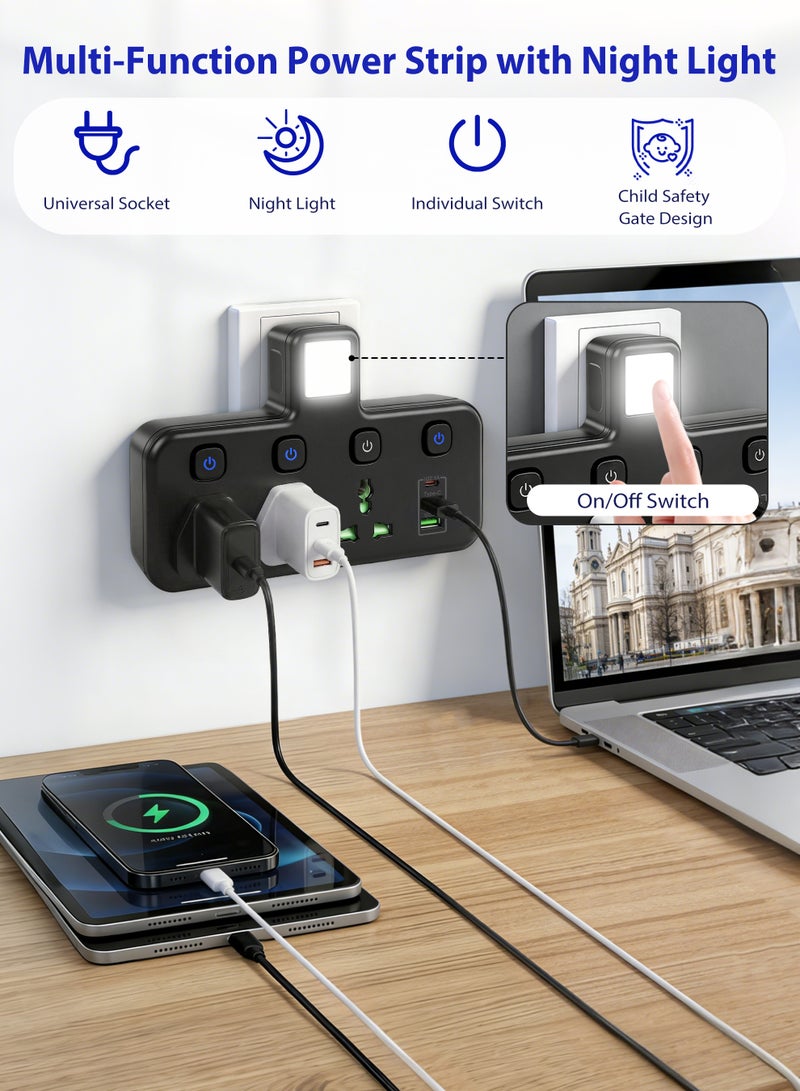 نكومي محول مقبس تمديد متعدد المكونات مع ضوء ليلي ، محول طاقة تمديد عالمي مع 2 USB-A و 1 USB-C (منافذ شاحن سريع) ، مقبس شحن حائط موسع محول 3 طرق - Image 2