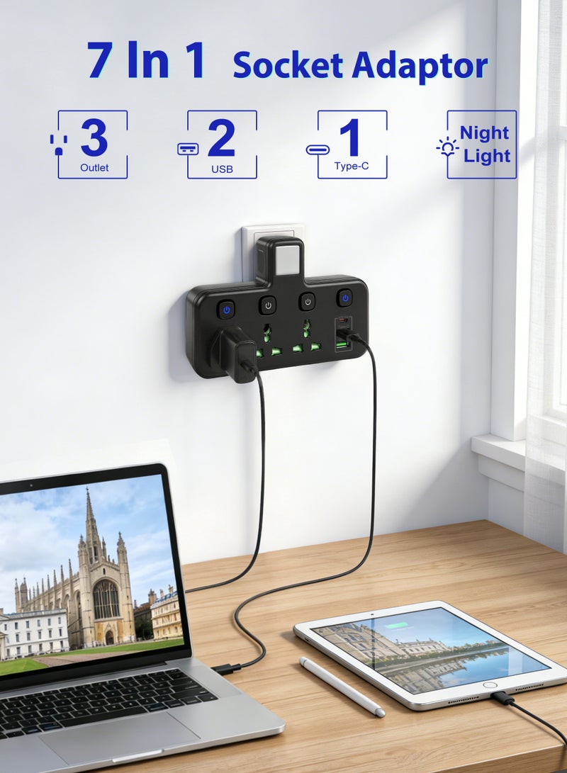 نكومي محول مقبس تمديد متعدد المكونات مع ضوء ليلي ، محول طاقة تمديد عالمي مع 2 USB-A و 1 USB-C (منافذ شاحن سريع) ، مقبس شحن حائط موسع محول 3 طرق - Image 3