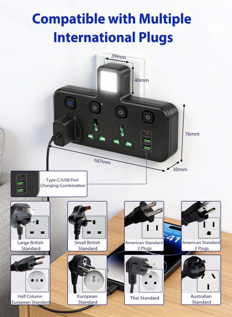 نكومي محول مقبس تمديد متعدد المكونات مع ضوء ليلي ، محول طاقة تمديد عالمي مع 2 USB-A و 1 USB-C (منافذ شاحن سريع) ، مقبس شحن حائط موسع محول 3 طرق - Image 4