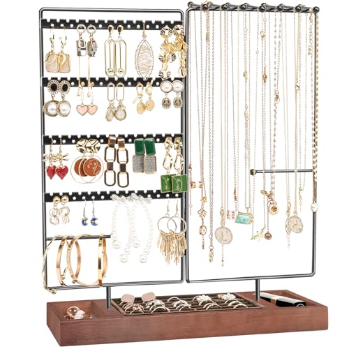 ProCase Jewelry Organizer Stand Earring Holder Organizer 6 Tiers Earring Organizer Tree Necklace Rack Jewellery Tower Bracelets Holder Storage with Removable Wooden Ring Tray for Women Girls Black