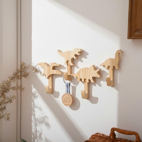 Kathfly 4 Pcs Dinosaur Hooks Kids Coat Hooks Wall Mount Cute Wood Door Hangers Coat Racks for Kids Room Nursery Children Bathroom Decor for Hanging Hats Backpacks Towels Keys Clothes - Image 1