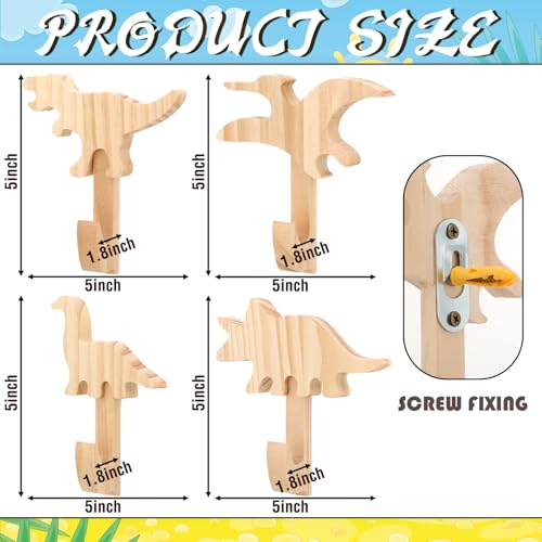 Kathfly 4 Pcs Dinosaur Hooks Kids Coat Hooks Wall Mount Cute Wood Door Hangers Coat Racks for Kids Room Nursery Children Bathroom Decor for Hanging Hats Backpacks Towels Keys Clothes - Image 3
