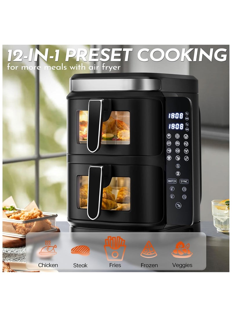 Dual Zone Air Fryer 11L with Window, 2800W Air Fryer Oven with Foldable Led Touch Screen for 12 Presets, Easy Clean Airfryer for home, Independently Controlled Double Baskets, Dishwasher Safe  - Image 3