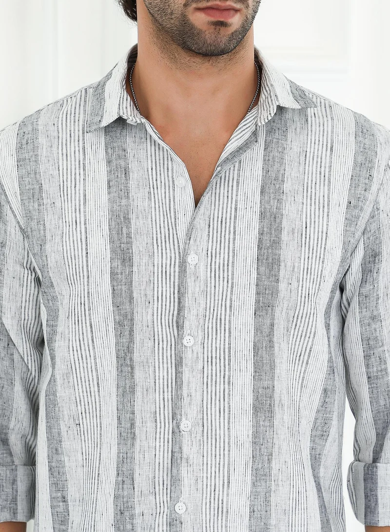 كامبوس سوترا Men's Ash Grey Pincandy-Striped Regular Shirt