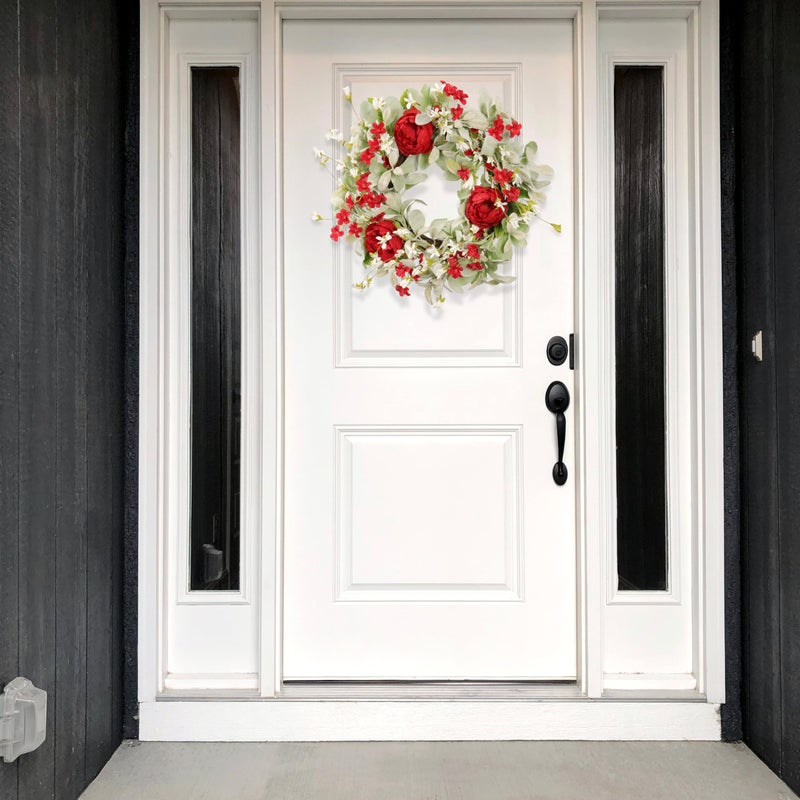 Pudate 20IN Romantic Wreath with Red Peonies, White Forsythia & Lamb's Ears Leaves â€“ Spring Front Door Wreath, Farmhouse DÃ©cor, Indoor/Outdoor Home Decoration - Image 3