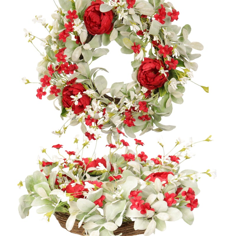 Pudate 20IN Romantic Wreath with Red Peonies, White Forsythia & Lamb's Ears Leaves â€“ Spring Front Door Wreath, Farmhouse DÃ©cor, Indoor/Outdoor Home Decoration - Image 1
