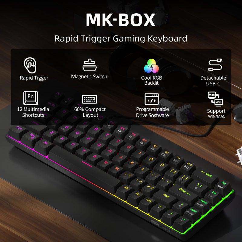 MageGee 60% Rapid Trigger Gaming Keyboard, Hall Effect Magnetic Switch, Actuation Point Adjustable, Hot Swappable RGB Backlit Wired Keyboard with Arrow Keys for Win/PC/MAC, Black - Image 4