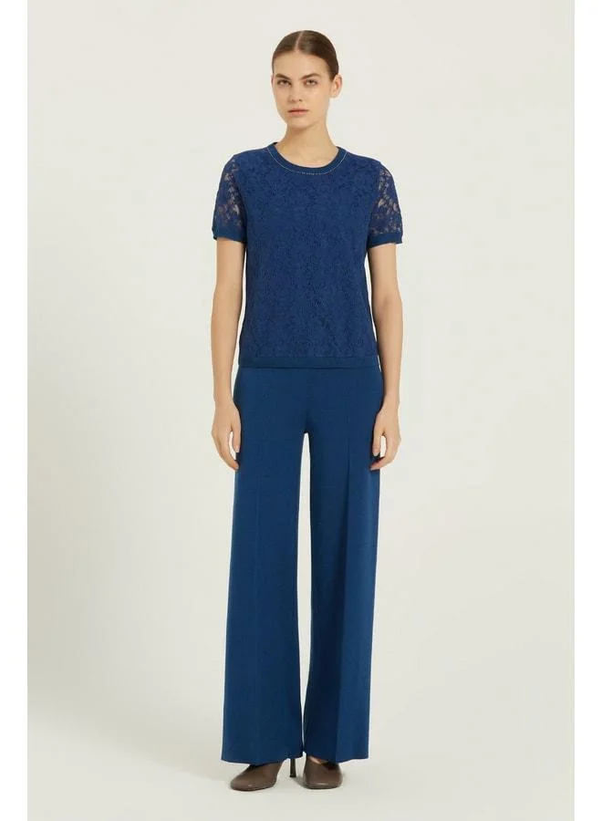 Mısırlı 1951 Navy Blue Lace-Detail Short Sleeve Blouse.