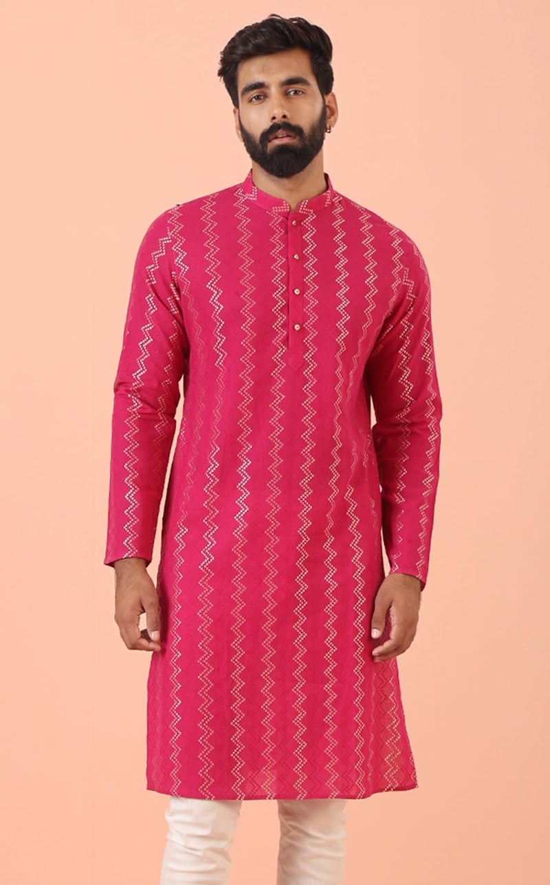 KISAH Mens Kurta - Jacquard Silk Blend Kurta for Men – Traditional Ethnicwear for Weddings & Festivals Pink - Image 2