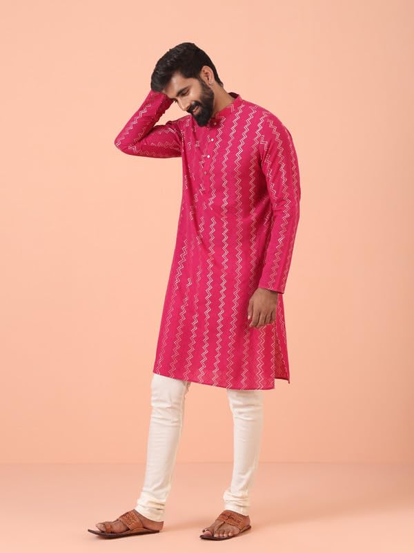 KISAH Mens Kurta - Jacquard Silk Blend Kurta for Men – Traditional Ethnicwear for Weddings & Festivals Pink - Image 4