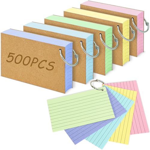 ANSTEEP 500PCS Colored Index Cards, 3x5 Inches Flash Cards with Ring, Lined on Both Side Notecards Ruled Study Card Flashcards Heavy Note Cards for Studying, Learning, School, College - Image 1