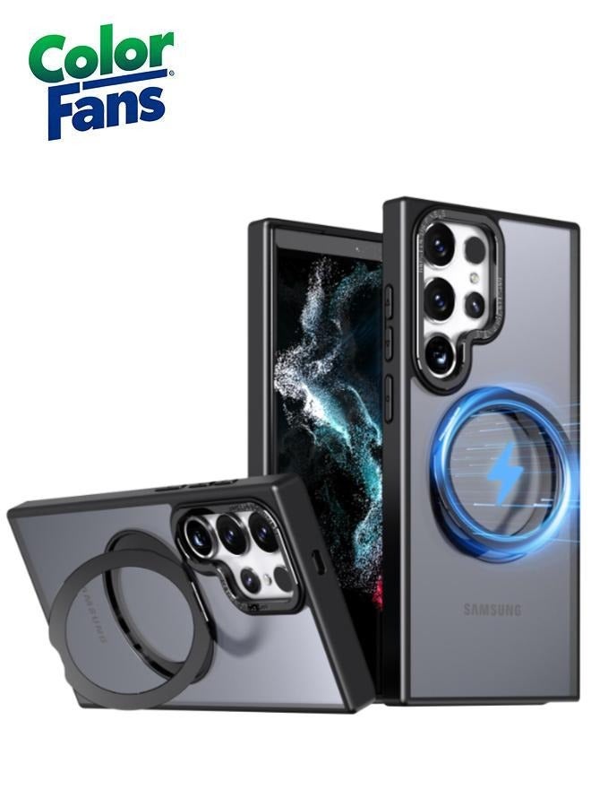 كولور فانس غطاء هاتف سامسونج جالاكسي S23 ألترا مع حامل حلقة مغناطيسية قابلة للدوران 360 درجة، مقاوم للخدوش من البولي كربونات الصلب شفاف مطفي مع مسند - أسود - Image 1