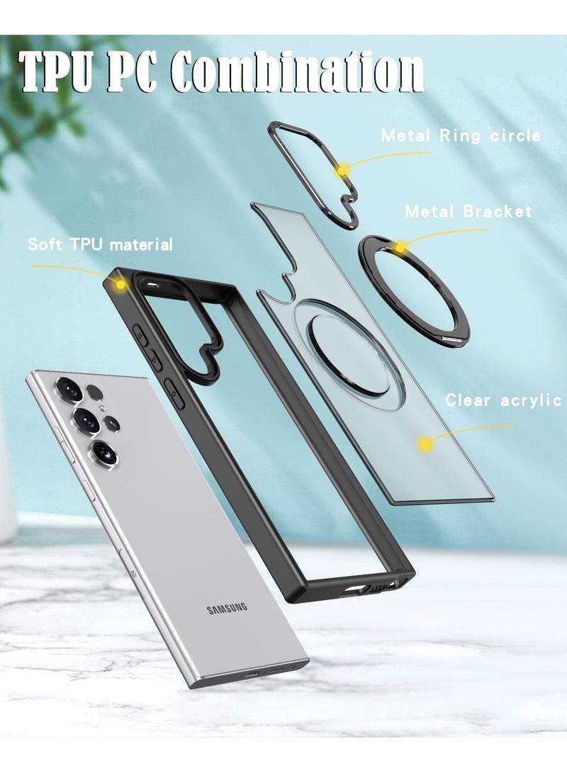 كولور فانس غطاء هاتف سامسونج جالاكسي S23 ألترا مع حامل حلقة مغناطيسية قابلة للدوران 360 درجة، مقاوم للخدوش من البولي كربونات الصلب شفاف مطفي مع مسند - أسود - Image 3