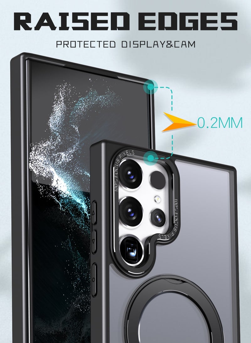 كولور فانس غطاء هاتف سامسونج جالاكسي S23 ألترا مع حامل حلقة مغناطيسية قابلة للدوران 360 درجة، مقاوم للخدوش من البولي كربونات الصلب شفاف مطفي مع مسند - أسود - Image 4