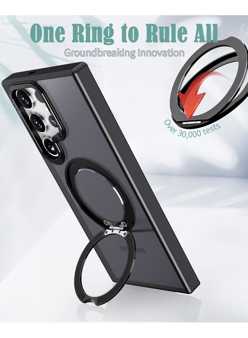 كولور فانس غطاء هاتف سامسونج جالاكسي S23 ألترا مع حامل حلقة مغناطيسية قابلة للدوران 360 درجة، مقاوم للخدوش من البولي كربونات الصلب شفاف مطفي مع مسند - أسود - Image 5