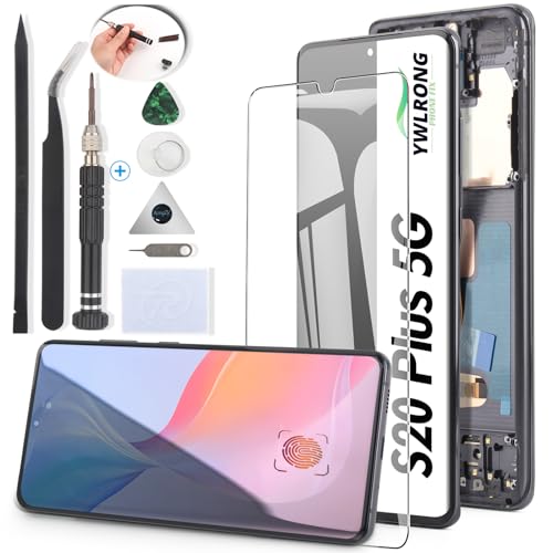 YWLRONG شاشة OLED لجهاز سامسونج جالاكسي S20 بلس 5G G986 بديل شاشة لجهاز سامسونج جالاكسي S20 بلس G985 شاشة LCD تعمل باللمس مجموعة استبدال مع أدوات (مع بصمة الإصبع، إطار أسود) - Image 1