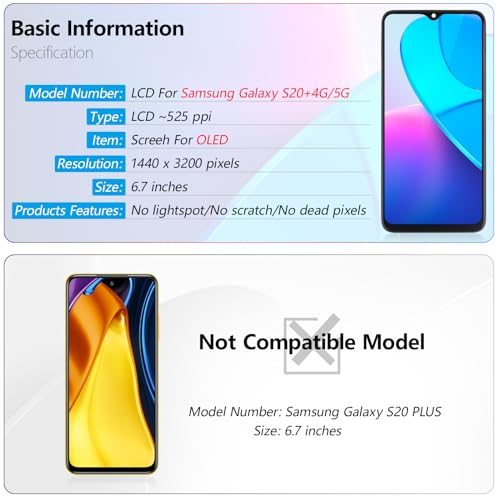 YWLRONG شاشة OLED لجهاز سامسونج جالاكسي S20 بلس 5G G986 بديل شاشة لجهاز سامسونج جالاكسي S20 بلس G985 شاشة LCD تعمل باللمس مجموعة استبدال مع أدوات (مع بصمة الإصبع، إطار أسود) - Image 3