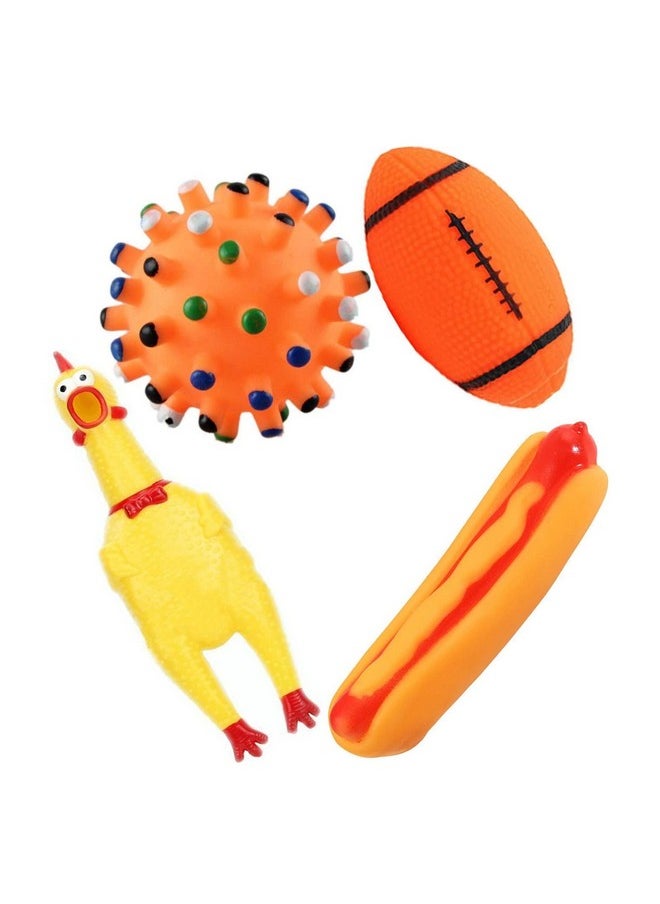 PET Combo Of 4 Soft Latex Rubber Interactive Squeaky Toys For Small Puppy- Rugby Ball, Hot Dog, Pimple Ball, Small Chicken  - Image 1