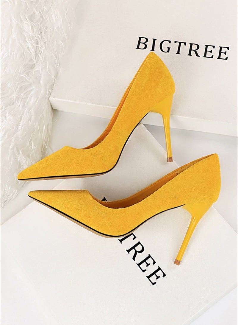 BIGTREE 9cm Fashion Simple Fine Heel Suede Shallow Mouth Pointed High-Heeled Shoes For Women Yllow - Image 2