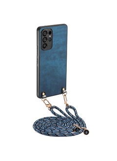 erorex For Samsung Galaxy S25 Ultra 5G Vintage Leather PC Back Cover Phone Case with Crossbody Strap(Blue) 