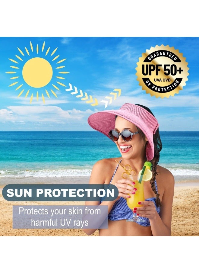 NIBEMINENT Sun Hats for Women Wide Brim Beach Hat Straw Visor Ponytail Summer UV Packable Foldable Beach Vacation Essentials  - Image 3