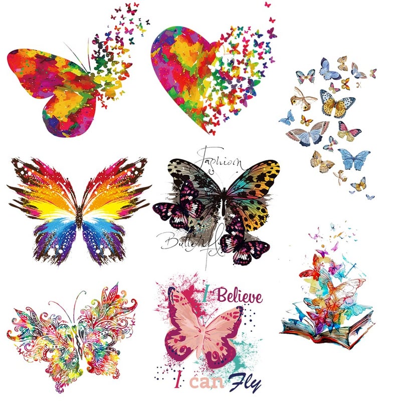 8 Large Sheets Colorful Butterfly Iron on Stickers Patches Cute Flying Animal Heat Transfer Stickers Decals DIY TShirt Jeans Backpacks Families Clothing Hat Decoration Applique