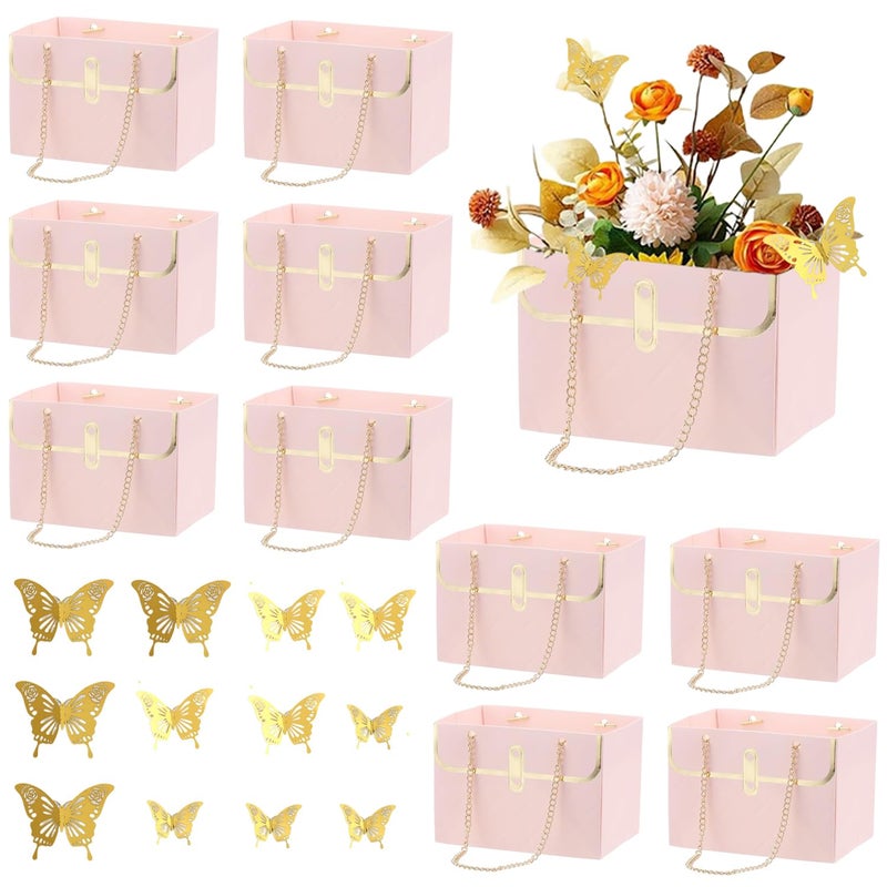 ZFCZR 10 Pcs Paper Flower Bags and 12Pcs 3D Gold Butterfly Decor-Flower Gift Boxes Sets, Bouquet Bags for Arrangements Wedding Valentine's Mother's Day Birthday(Pink/5.94''Ã—3.94"Ã—4.13") - Image 1