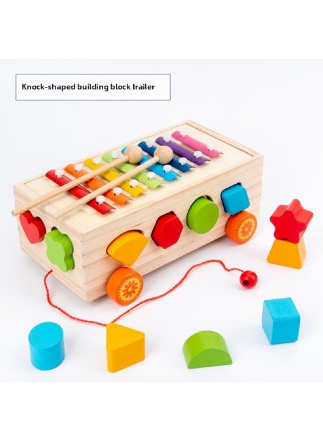Wooden Multifunctional Pulling Radish Farm Fruit Cognitive Shape Matching Drag Trolley Children's Early Education Toys-Color:Shape Building Blocks Trailer (Knocking Style) - Image 1