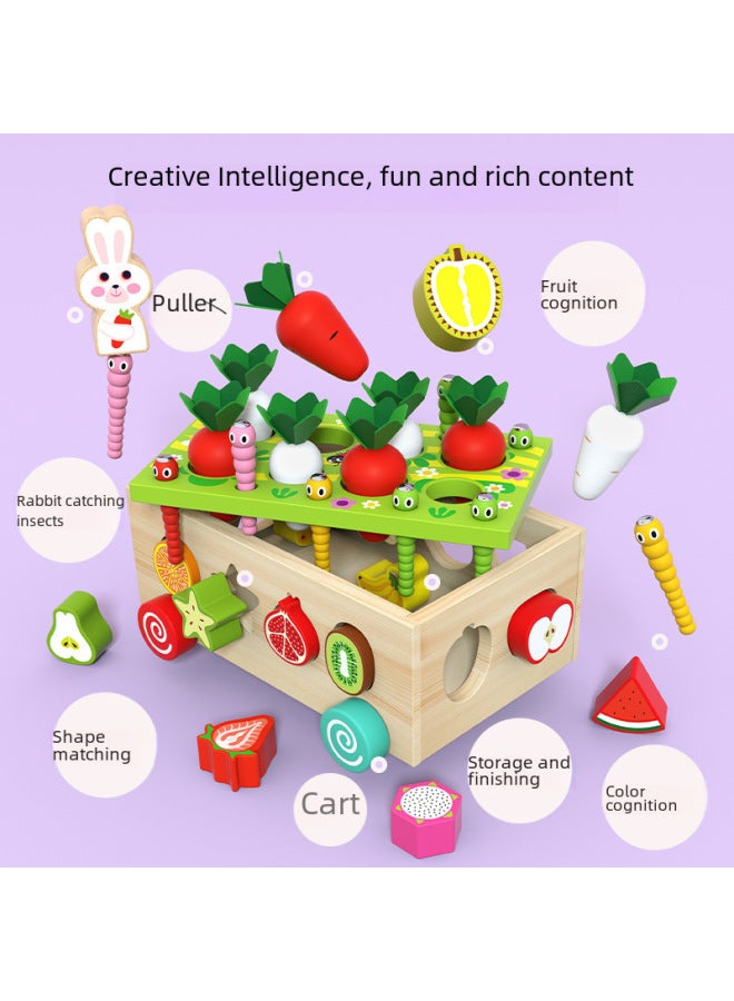 Wooden Multifunctional Pulling Radish Farm Fruit Cognitive Shape Matching Drag Trolley Children's Early Education Toys-Color:Shape Building Blocks Trailer (Knocking Style) - Image 4