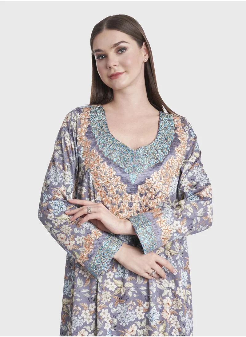 KASHKHA Digital Flower Print Mukhawar Stonework Jalabiya
