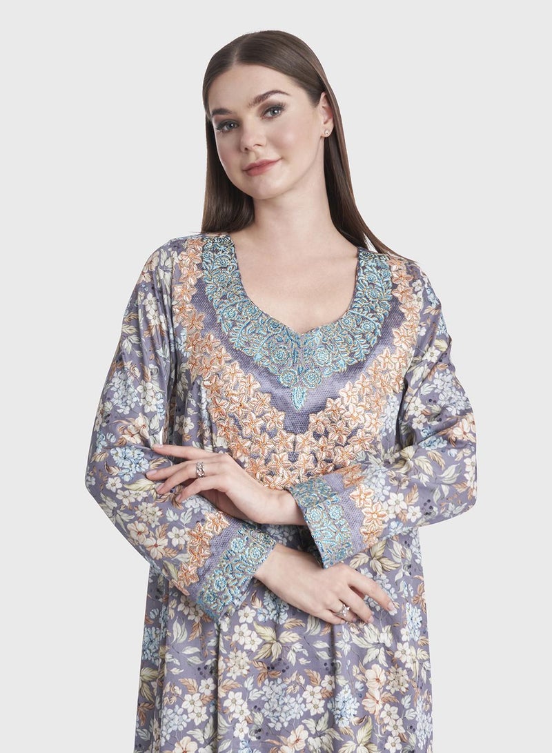 كشخة جلابية مخور بطباعة زهور رقمية وأحجار - Image 1