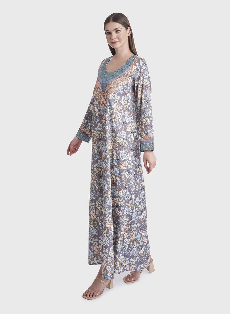 كشخة جلابية مخور بطباعة زهور رقمية وأحجار - Image 3