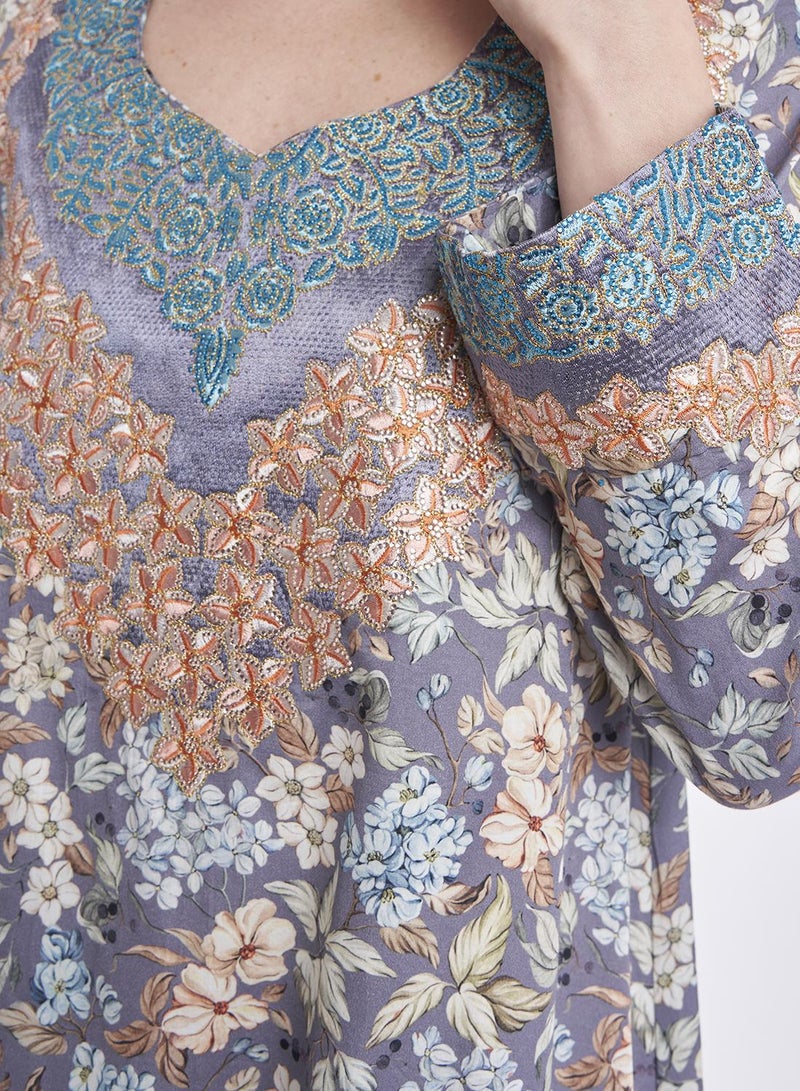 كشخة جلابية مخور بطباعة زهور رقمية وأحجار - Image 5