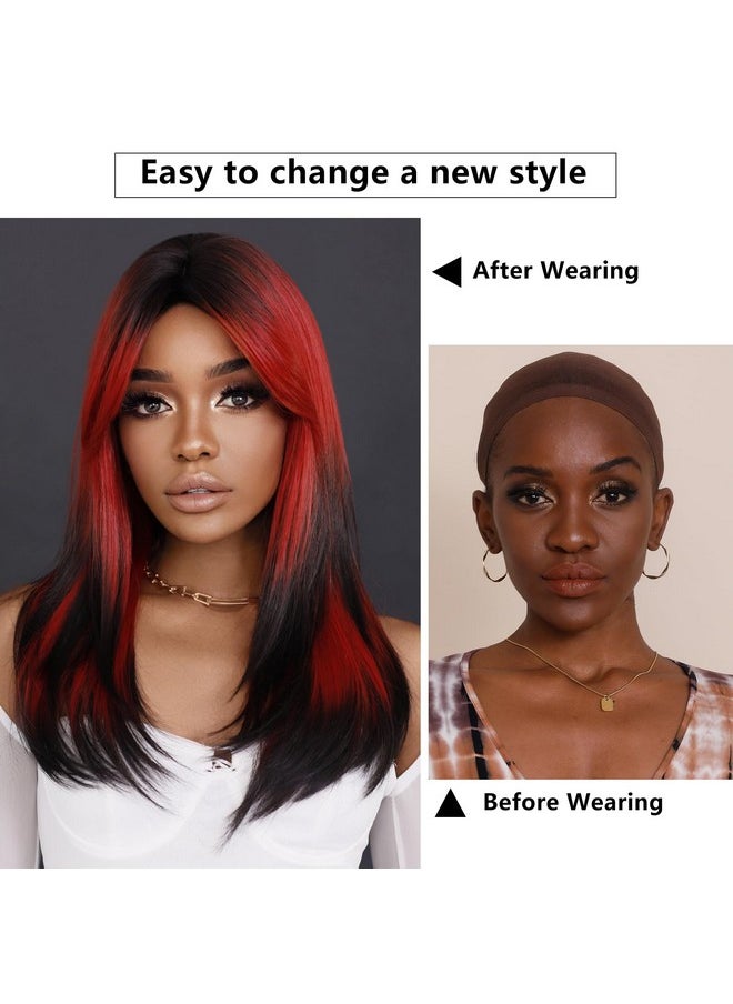 7JHH WIGS Jhh Wigs Long Wavy Wig Red And Black Layered Wig With Curtain Bangs Synthetic High Density Heat Resistant Hair Straight Wig Ends Dyed Black For Daily Party 25 Inches  - Image 4