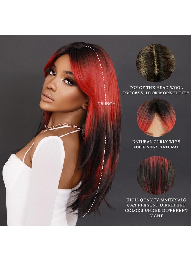 7JHH WIGS Jhh Wigs Long Wavy Wig Red And Black Layered Wig With Curtain Bangs Synthetic High Density Heat Resistant Hair Straight Wig Ends Dyed Black For Daily Party 25 Inches  - Image 3