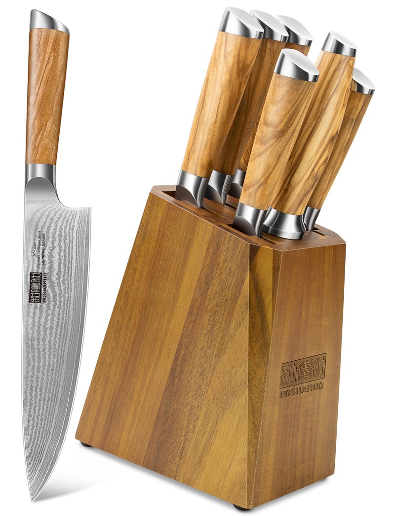 HOSHANHO Knife Set with Block 7Piece Professional 67layer Damascus Super Steel Kitchen Knife Sets for Cooking Ultra Sharp Knife Set with Sharpener - Image 2