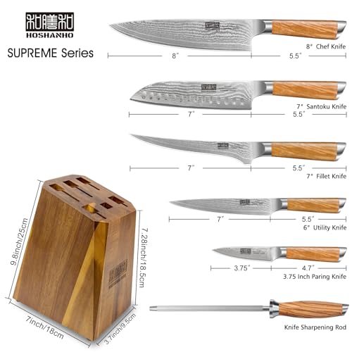 HOSHANHO Knife Set with Block 7Piece Professional 67layer Damascus Super Steel Kitchen Knife Sets for Cooking Ultra Sharp Knife Set with Sharpener - Image 3